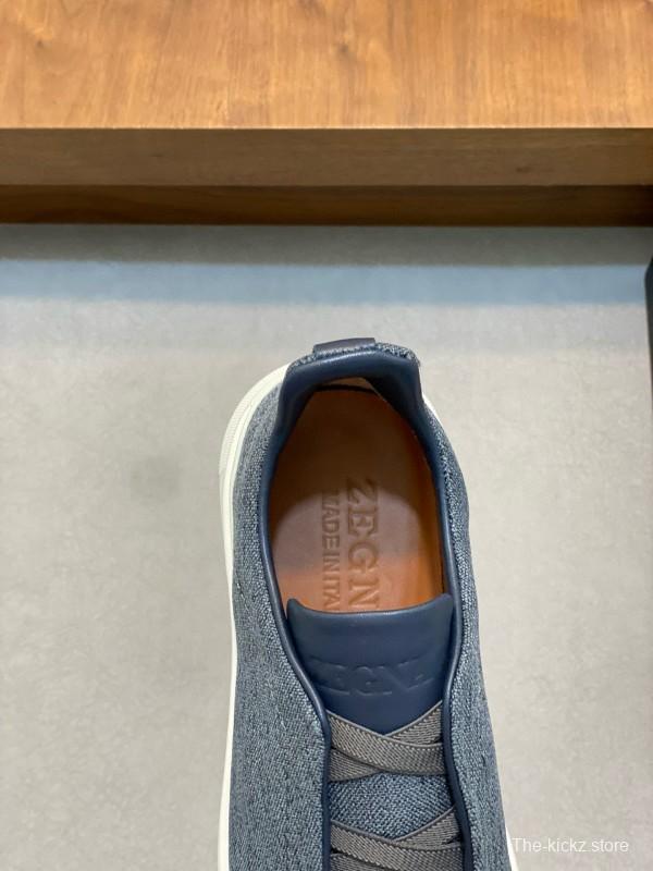 2024 Unisex Ermenegildo Zegna Grey Blue Pelletessuta Calfskin Sneakers Stretch Detail MJ00280