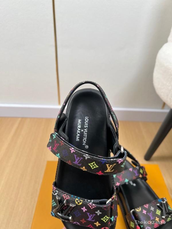 2025 Women Louis Vuitton Black Multicolor Canvas Sandals