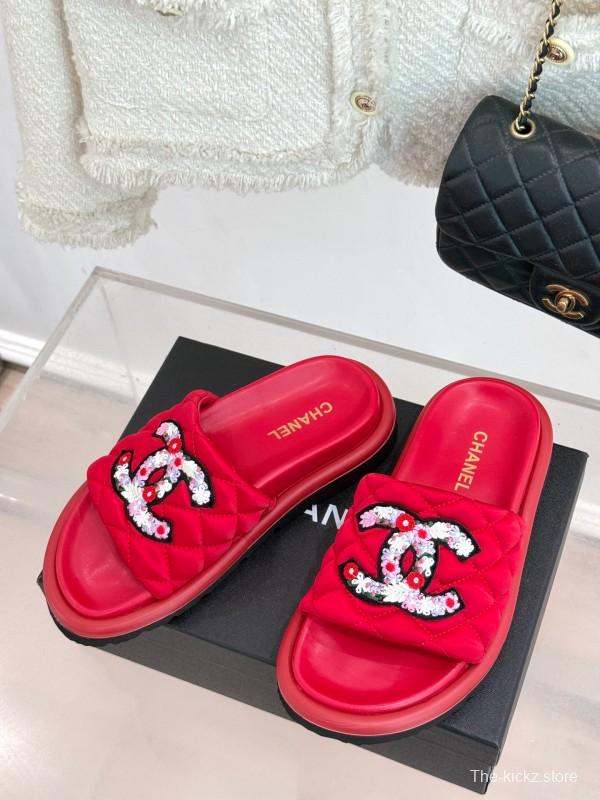 2025 Slippers Chanel Red Quilted Sequins Slide KFY00261