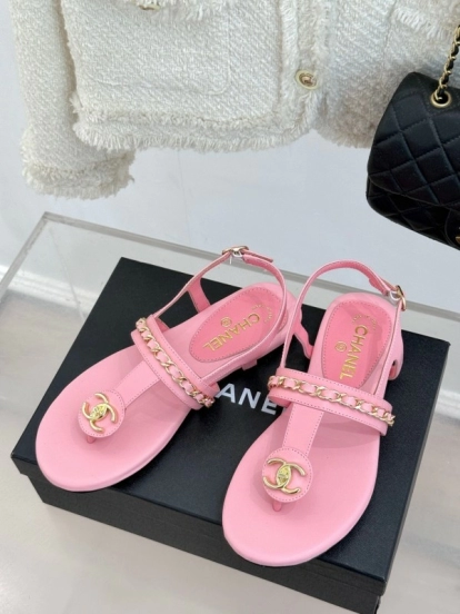 2025 Women Chanel Pink Lambskin Sandals CC Logo KFY00250