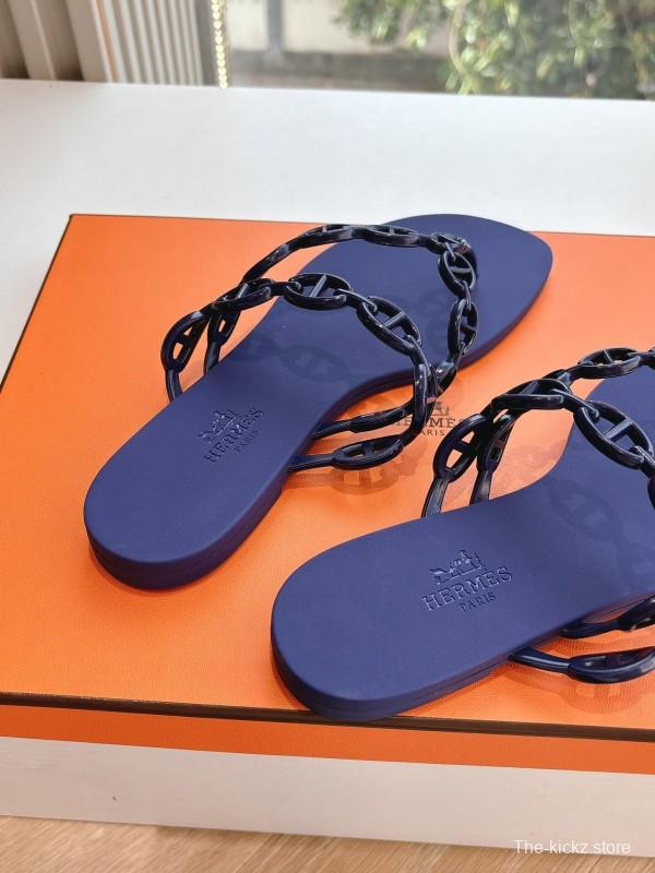 2025 Women Hermès Purple Rubber Chain Thong Sandals LY00360(F)