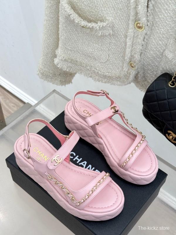 2025 Women Chanel Pink Lambskin Platform Sandals Chain Decoration