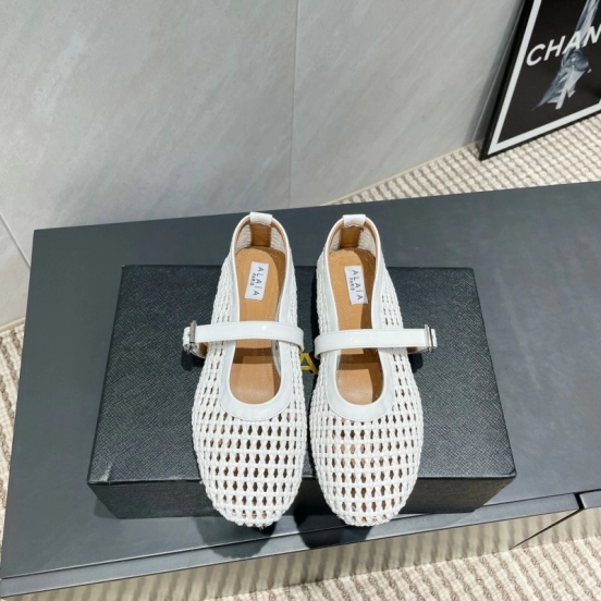 2025 Women Alaïa White Woven Leather Flat Mary Jane Shoes LY00360(F)