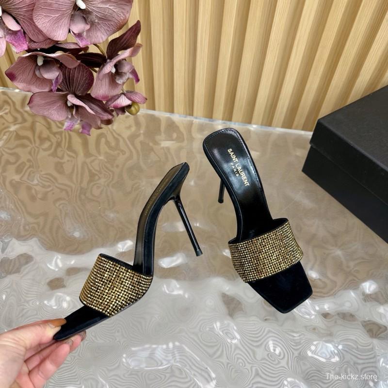 2025 Women Yves Saint Laurent Black Gold Rhinestone Leather High Heel Sandals MJ00300