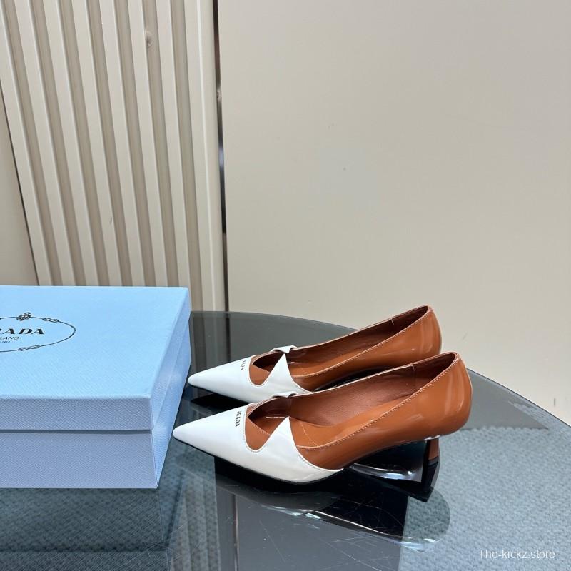2025 Women Prada White Brown Leather Heels KFY00310