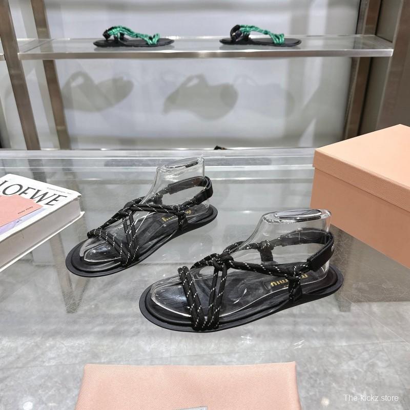 2025 Women Miu Miu Black Leather Rope Sandals
