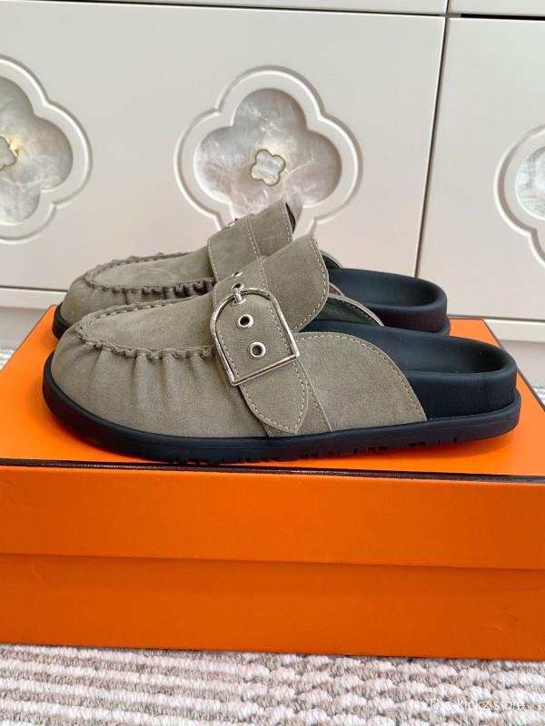 2025 Women Hermès Grey Suede Mule Shoe KFY00290