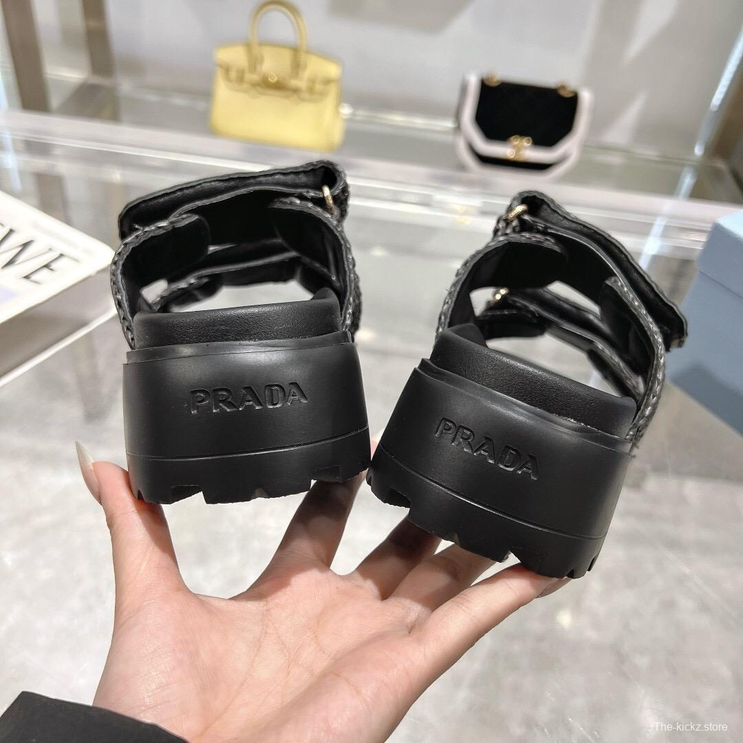 2025 Women Prada Black Woven Leather Sandals LY