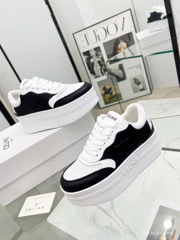 2025 Women Celine Black White Leather Platform Sneakers Block Triomphe LY00270