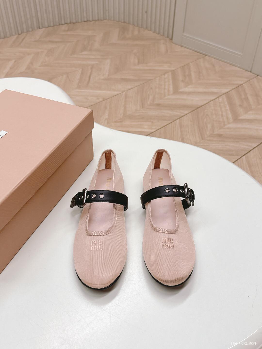 2025 Women Miu Miu Pink Black Fabric Leather Ballet Flats