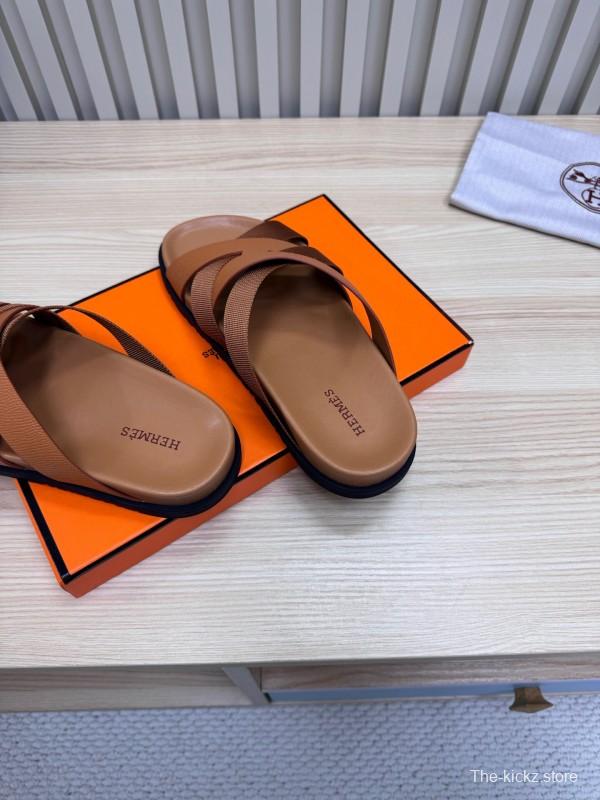 2025 Men Hermès Brown Leather Slippers