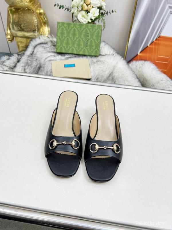 2025 Women Gucci Black Leather Mules Classic Buckle MJ00180