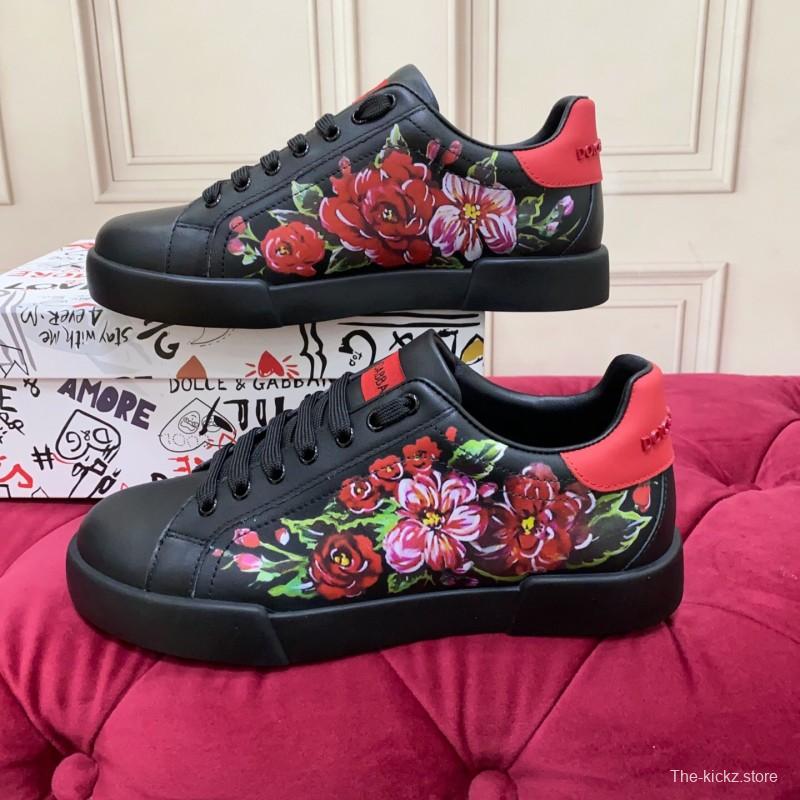 2025 Women Dolce & Gabbana Black Red Leather Sneakers Floral LY00300