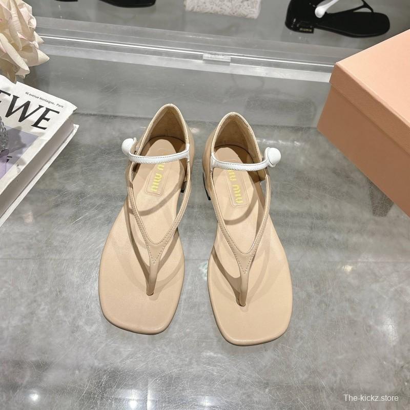 2025 Women MiuMiu Beige Leather T-Strap Sandals With Clear Heel KFY00289(F)