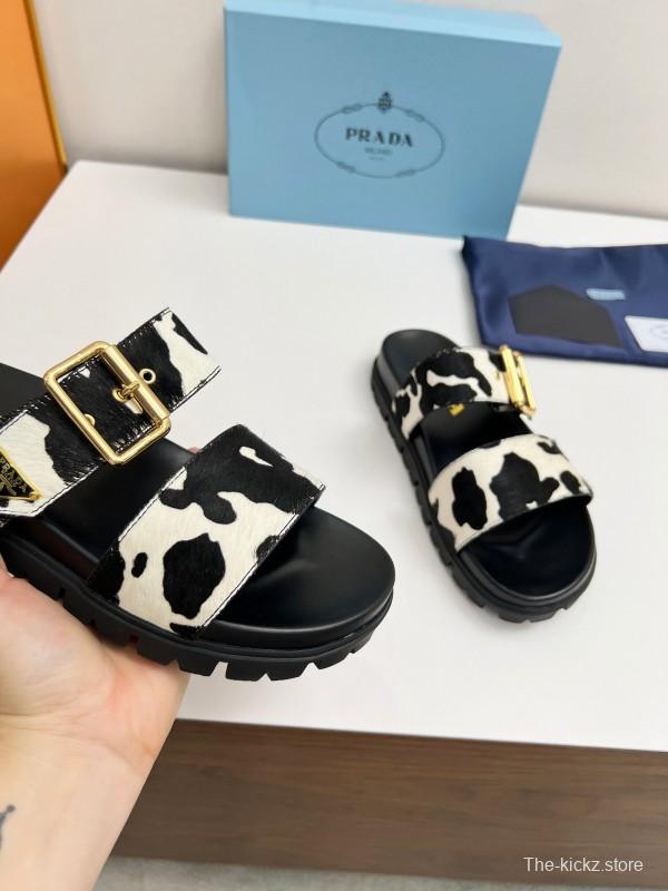 2025 Women Prada Black White Calf Hair Leather Sandals LY00260