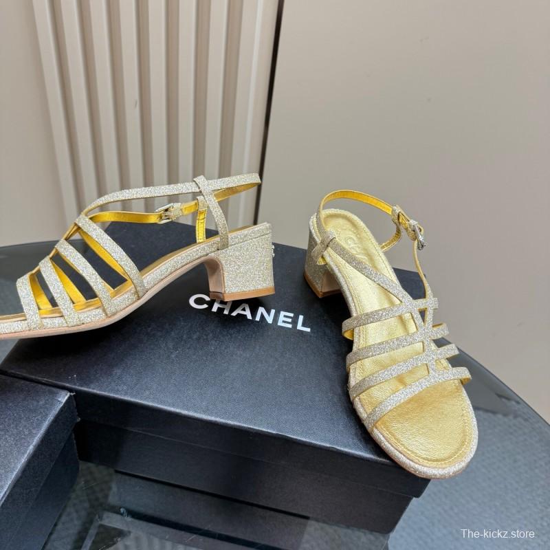 2025 Women Chanel Gold Leather Sandals KFY00290