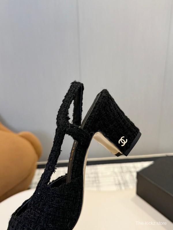 2025 Women Chanel Black Fabric Leather Slingback Heels LY00240