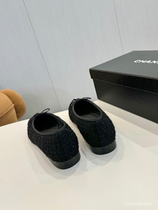 2025 Women Chanel Black Lambskin Tweed Ballet Flats LY00250