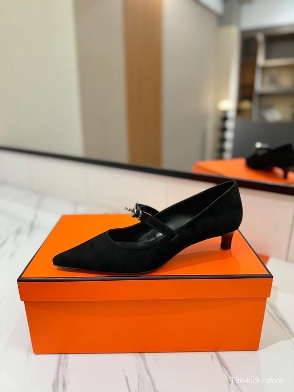 2025 Women Hermès Black Suede Pumps KFY00330