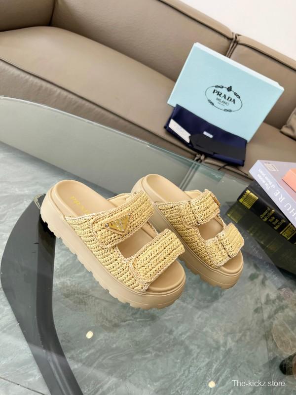 2025 Prada Beige Raffia Slippers LY00290