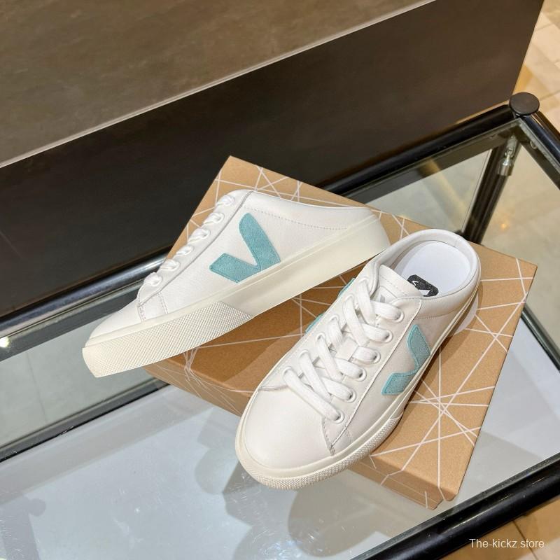 2025 VEJA White Blue Leather Canvas Slip-On Sneakers