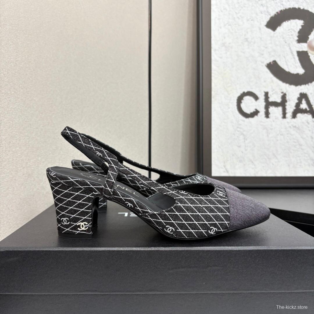 2025 Women Chanel Black White Fabric Slingback Heel LY00240