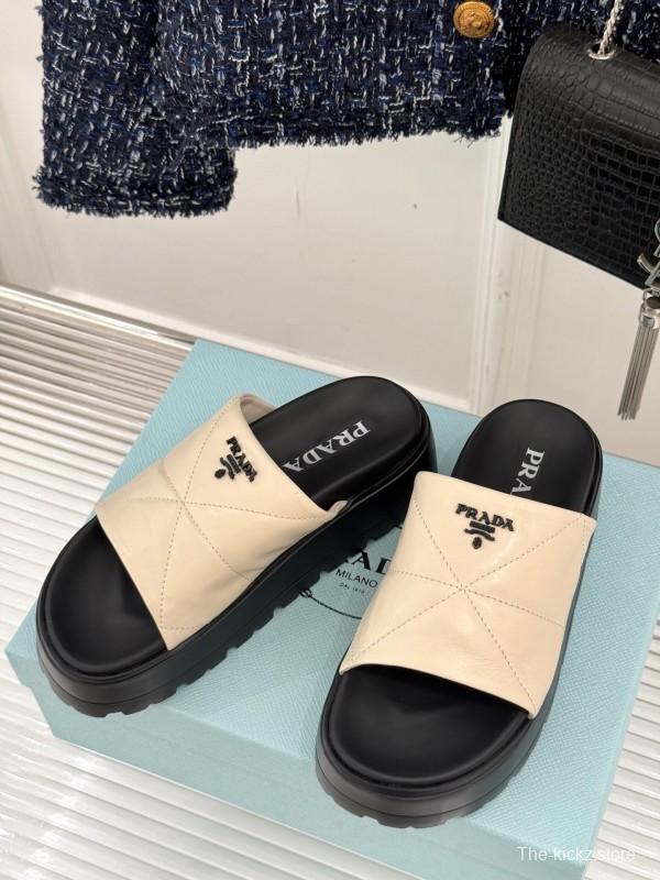 2025 Women Prada Beige Leather Platform Sandals