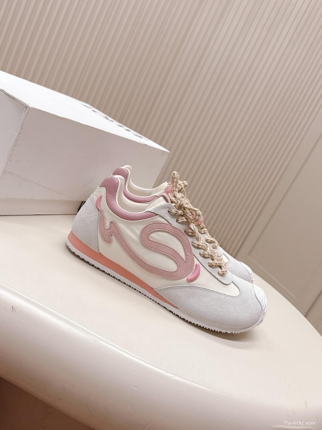 2025 Women Loewe Pink White Leather Balletrunner Ballet Sneakers KFY00300(F)