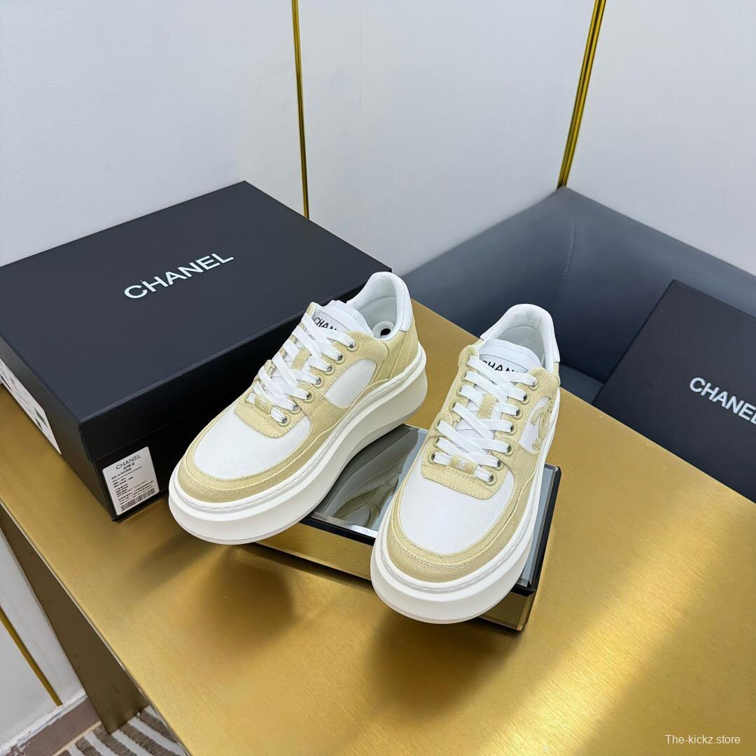 2025 Women Chanel Beige White Canvas Leather Sneakers