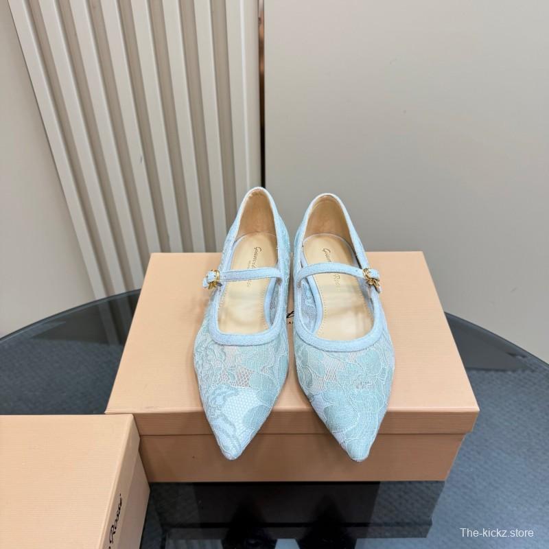 2025 Women Gianvito Rossi Light Blue Lace Leather Mary Jane KFY00260