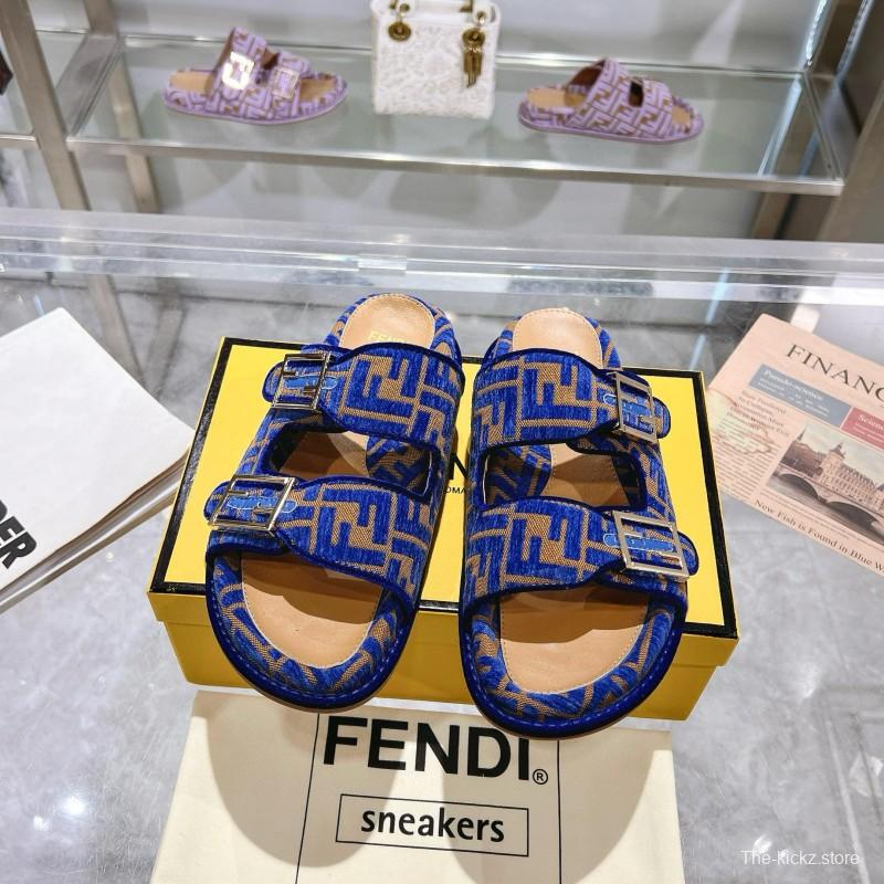 2025 Fendi Blue Fabric Leather Slippers MJ00230