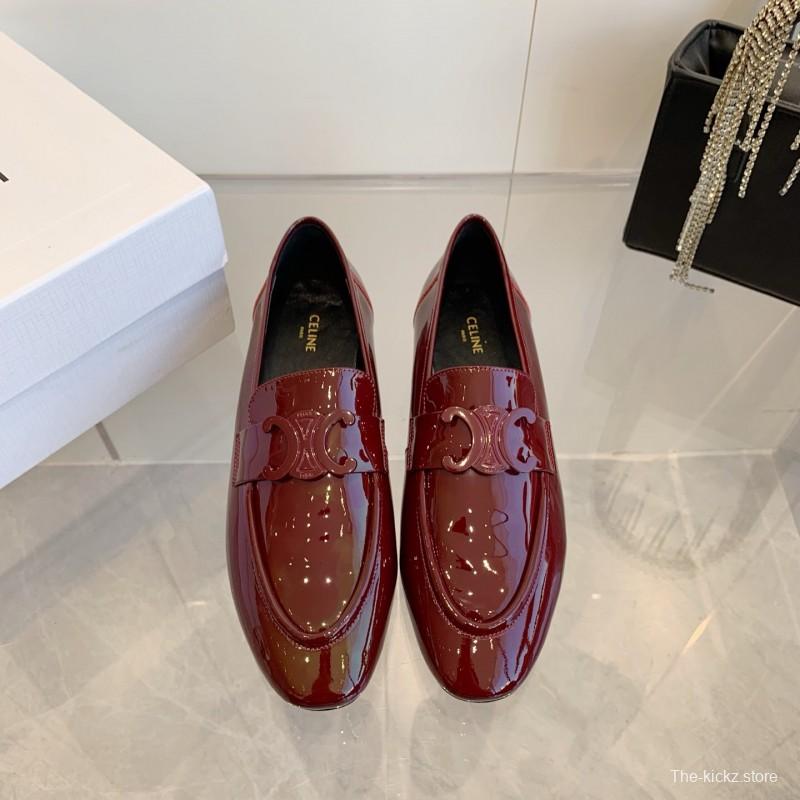 2025 Women CELINE Burgundy Patent Leather Loafers
