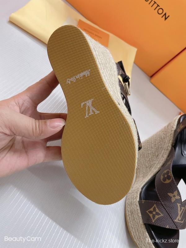 2025 Women Louis Vuitton Brown Leather Denim Espadrilles Wedge Sandals MJ00280