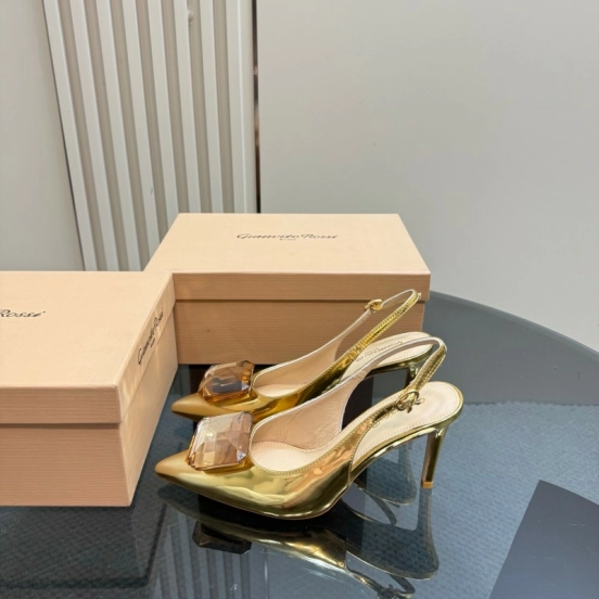 2025 Women Gianvito Rossi Gold Leather Slingback Gemstone KFY00300
