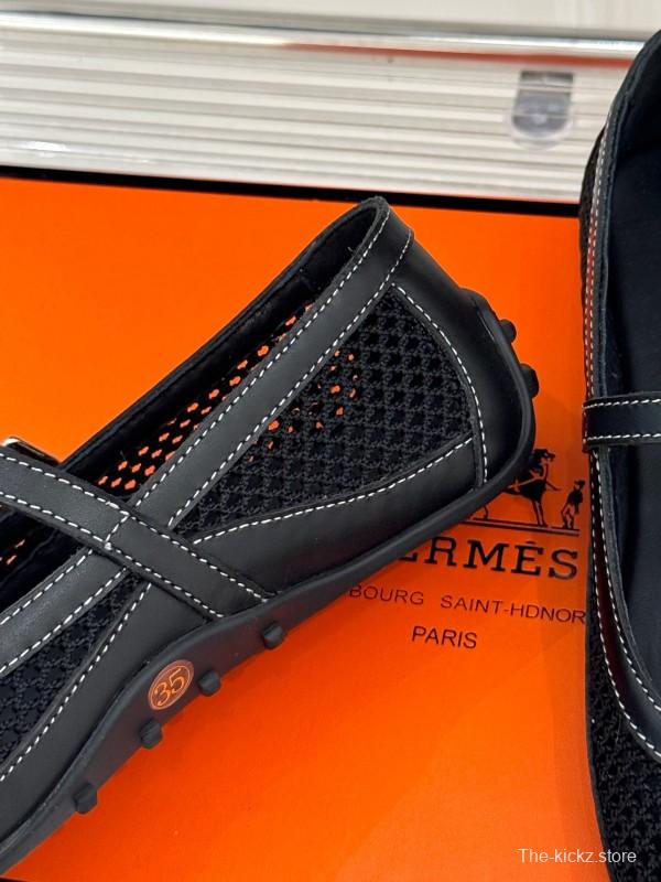 2025 Women Hermès Black Mesh Leather Mary Jane