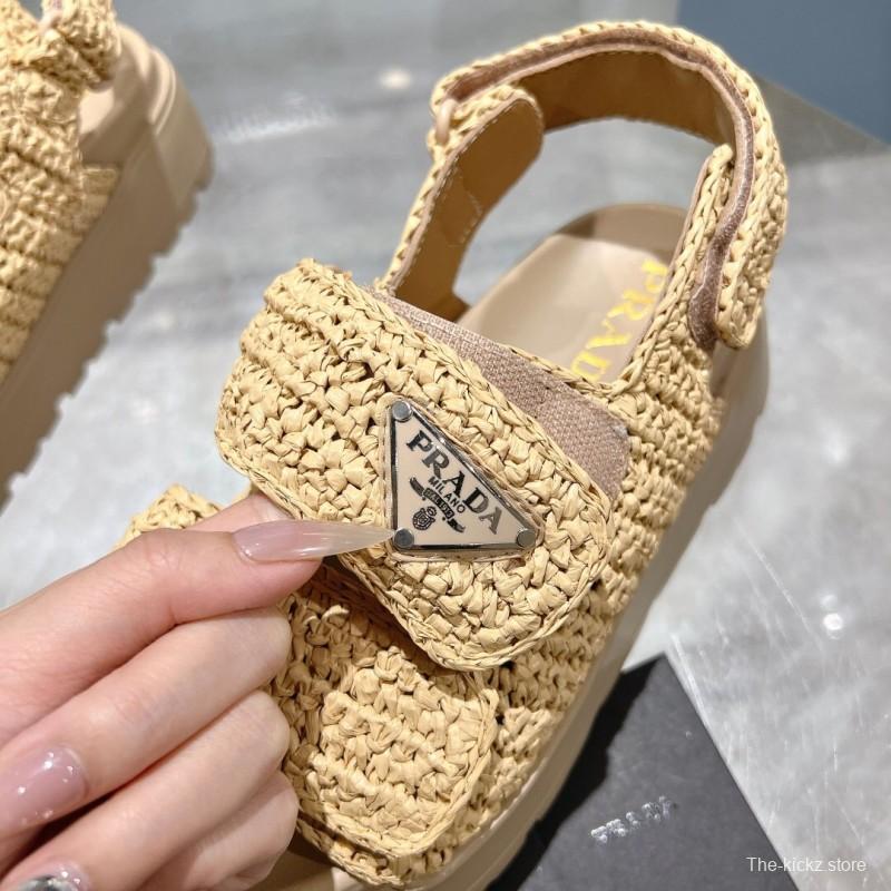 2025 Women Prada Beige Woven Leather Platform Sandals