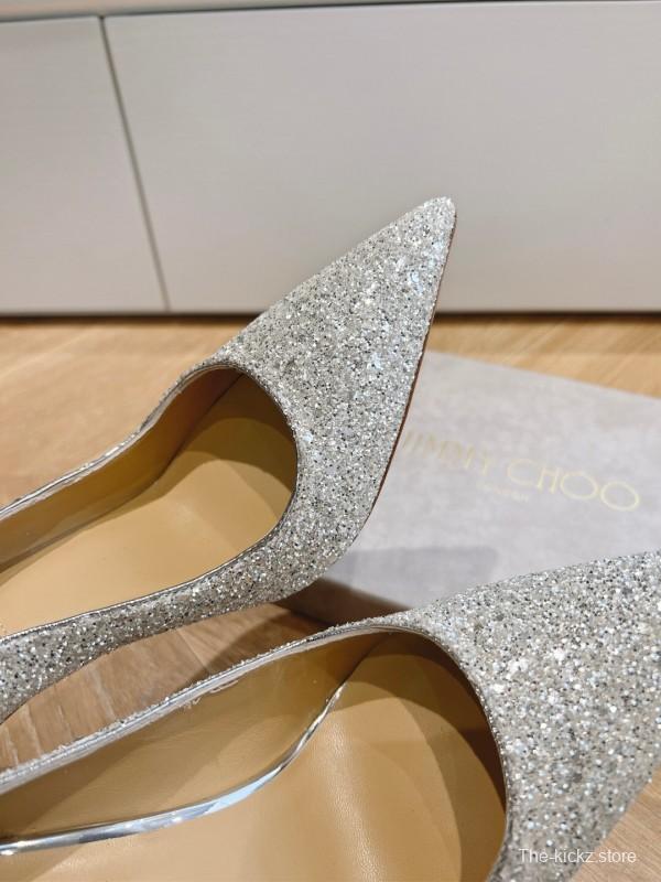 2025 Women Jimmy Choo Silver Glitter Leather Pointed Toe Pumps KFY00280