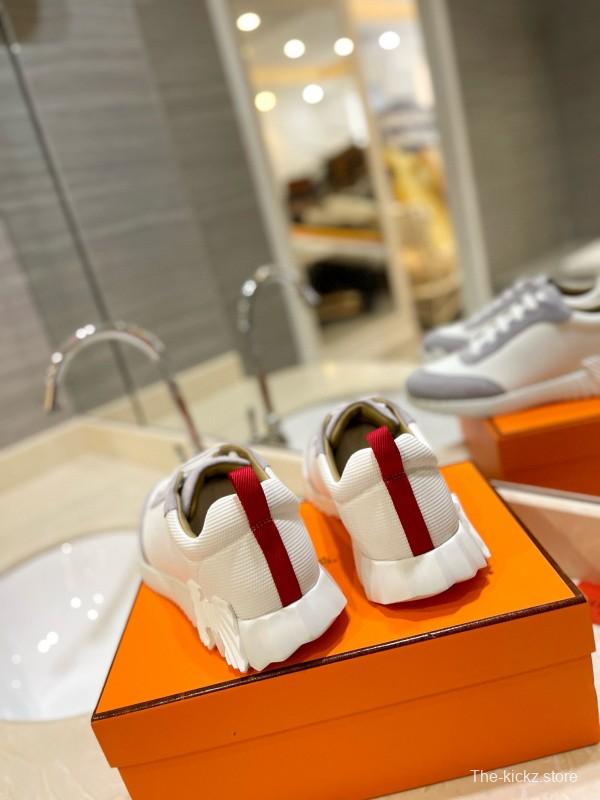 2024 Unisex Hermès White Grey Silk Leather Sneakers MJ00320