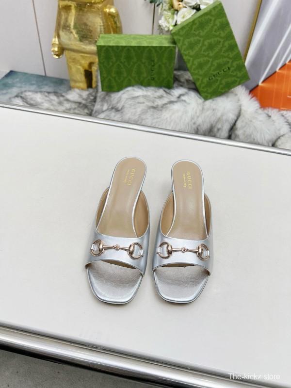 2025 Women Gucci Silver Leather Mules Horsebit MJ00180