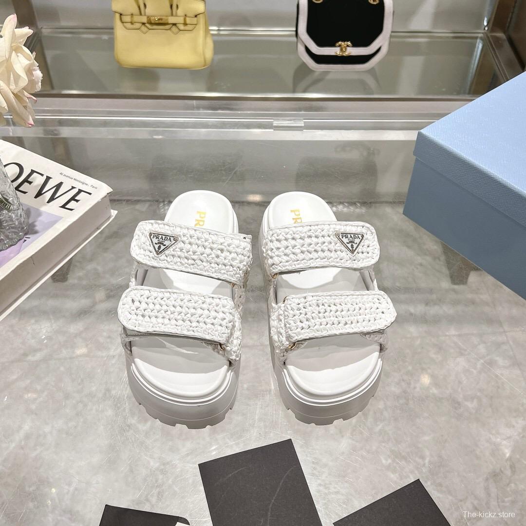 2025 Women Prada White Knit Leather Slippers