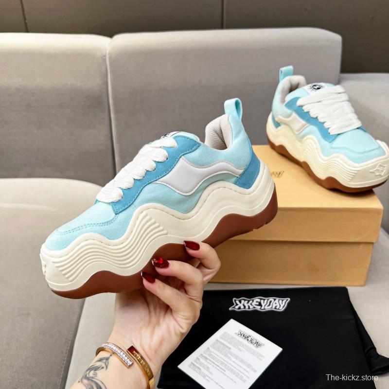 2025 Unisex HEYDAY Blue White Canvas Leather Wave Sneakers KFY00260