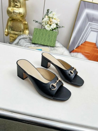 2025 Women Gucci Black Leather Mules Classic Buckle MJ00180