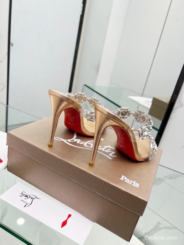 2025 Women Christian Louboutin Gold Leather High Heel Sandals LY00300
