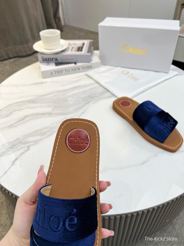 2025 Women Chloe Navy Velvet Slippers LY00200