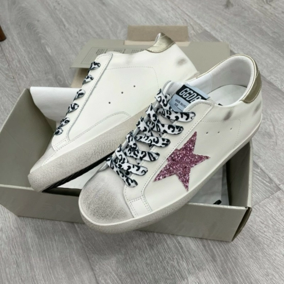 2025 Women GGDB White Pink Leather Sneakers Glitter Star