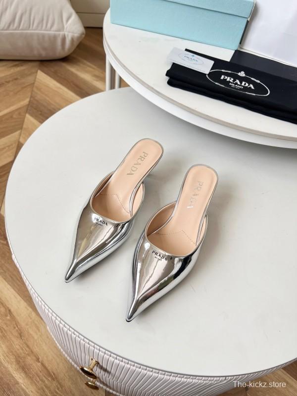 2025 Women Prada Silver Patent Leather Mules