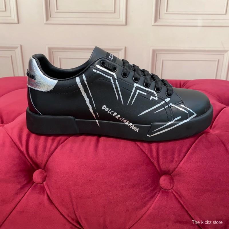 2025 Men Dolce & Gabbana Black Silver Leather Sneakers
