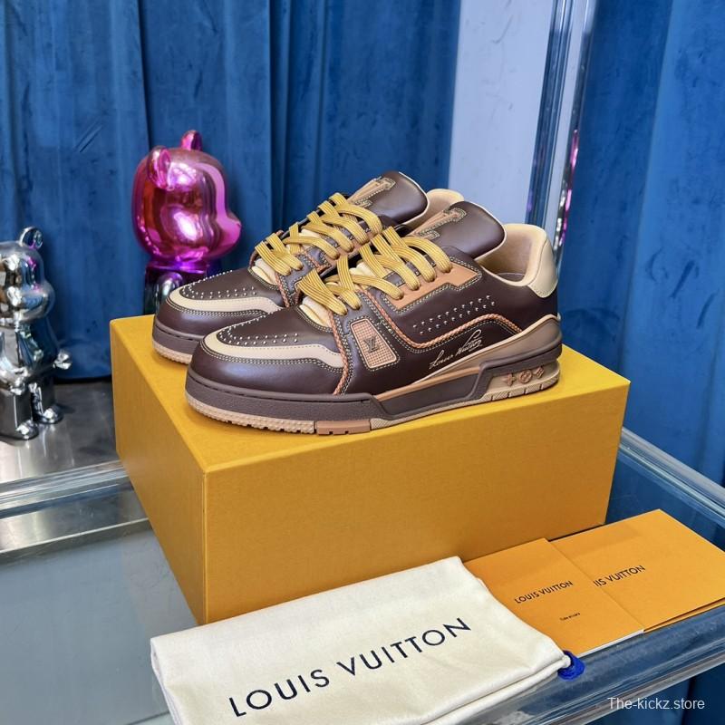 2025 Unisex Louis Vuitton Brown Beige Leather LV Trainer