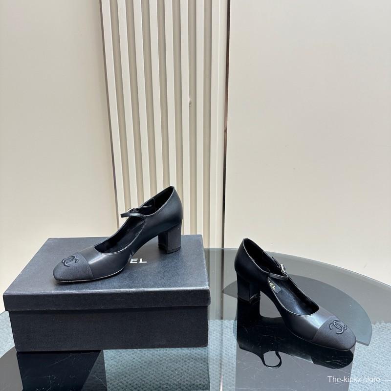 2025 Women Chanel Black Leather Mary Jane Shoes KFY00290