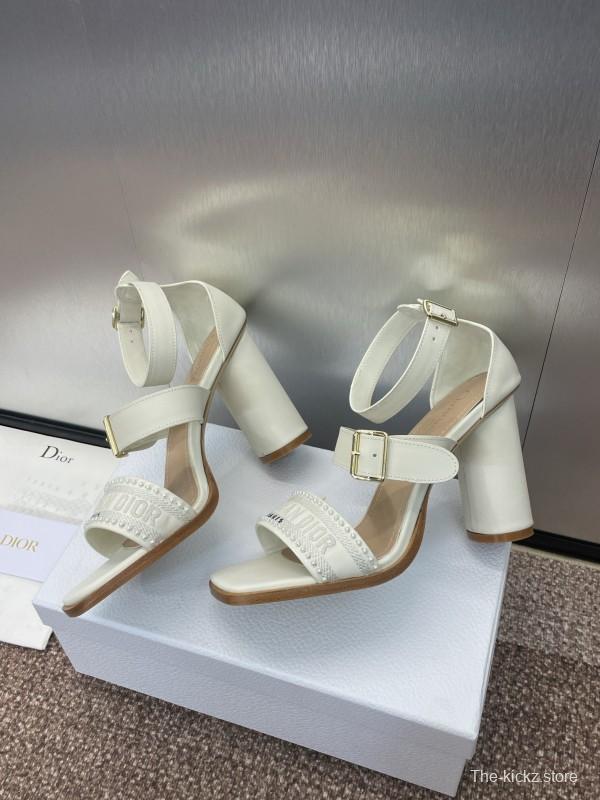 2025 Women Dior White Calfskin Leather Embroidered Sandals KFY00320